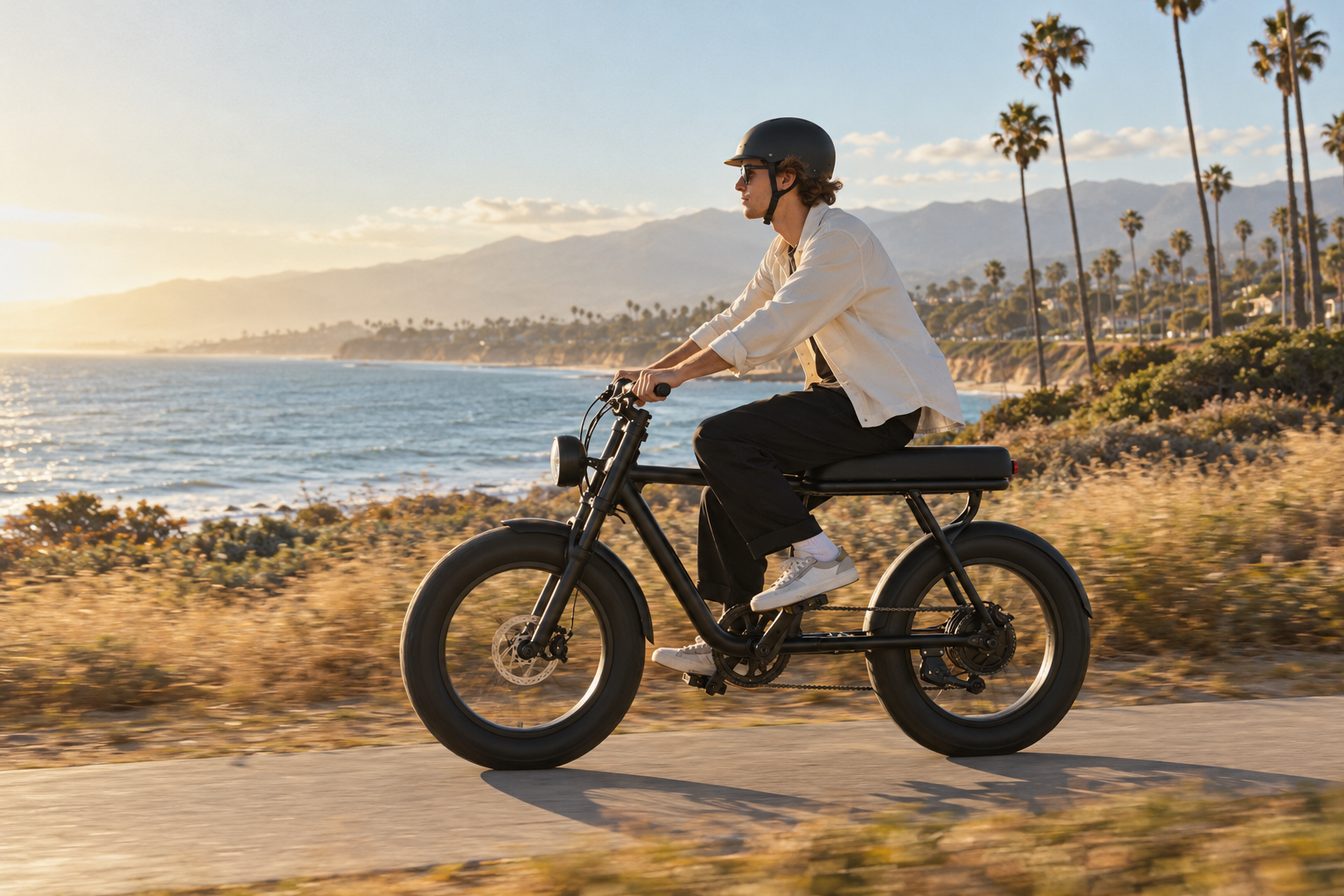 A helmeted rider on a black e-bike beside the Santa Barbara coast